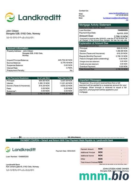 Norwegia Landkreditt Bank wyciąg z kredytu hipotecznego szablon Word i PDF